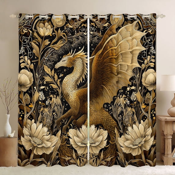 Erosebridal Teens Magical Dragon Black Out Curtains,Boys Girls Chic Floral Roses Curtains Pack of 2 (42x63 Each),Black Gold