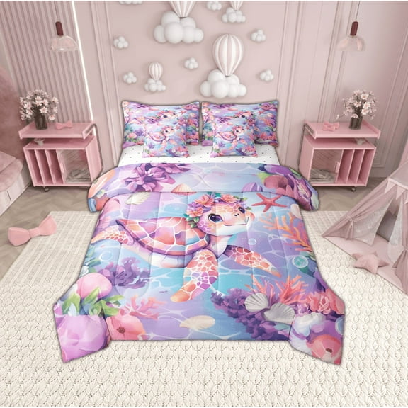 Erosebridal Sealife Turtle Bedding Sets Twin Size,Marine Animal Comforter Sets with Sheets,Uderwater World Decor,Breathable,7pcs