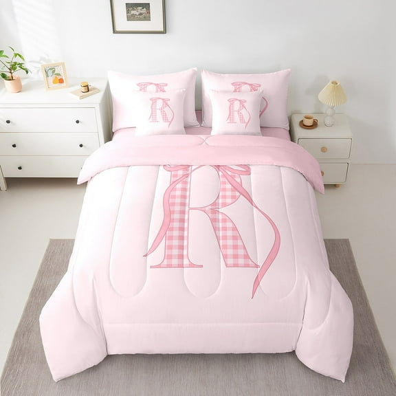 Erosebridal Teens Monogrammed Bedding Twin Size, Initial R Letter Bed in a Bag Twin size, Pink Bowknot Decor, Reversible