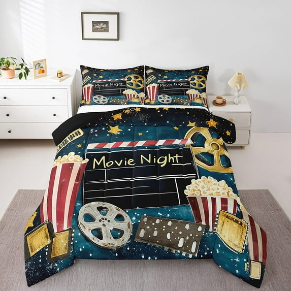 Erosebridal Teens Movie Bedding Sets with Comforter, Food Popcorn Duvet Insert, Cinema Ticket Reversible Bedding Comforter Set, Lightweight Bedroom Decorative, 2-Piece