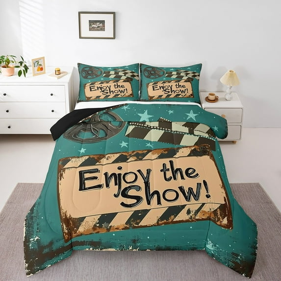 Erosebridal Teens Movie Bedding Sets Full with Comforter, Vintage Theater Duvet Insert, Cinema Show Reversible Bedding Full Comforter Set, Lightweight Bedroom Decor, 3pcs