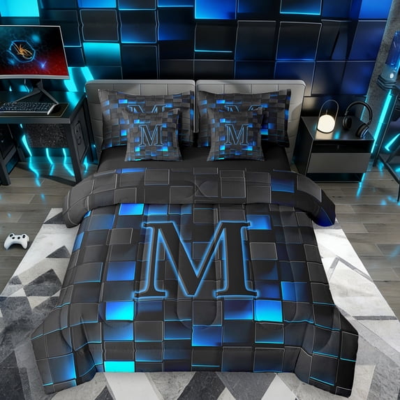 Erosebridal Teens Neon Lights Grid Plaid Bedding Comforter Set 7 Pieces,Boys Girls Abstract M Letter Monogrammed Full Bedding Set,Black Reversible