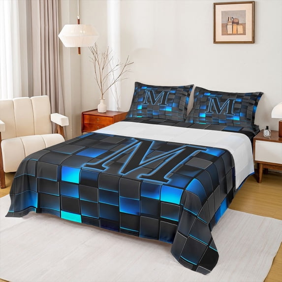 Erosebridal Teens Neon Lights Grid Plaid Full Size Sheets 4-Piece,Boys Girls Abstract M Letter Monogrammed Bed Sheets