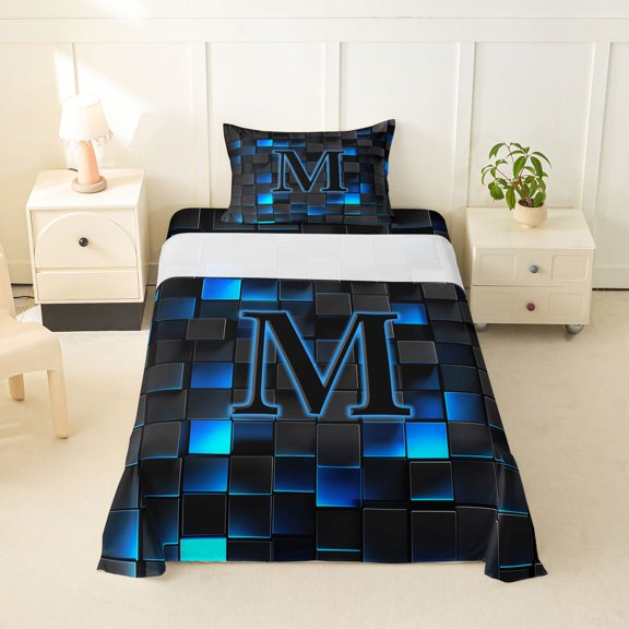Erosebridal Teens Neon Lights Grid Plaid Twin Sheet Sets 3pcs,Boys Girls Abstract M Letter Monogrammed Bedding