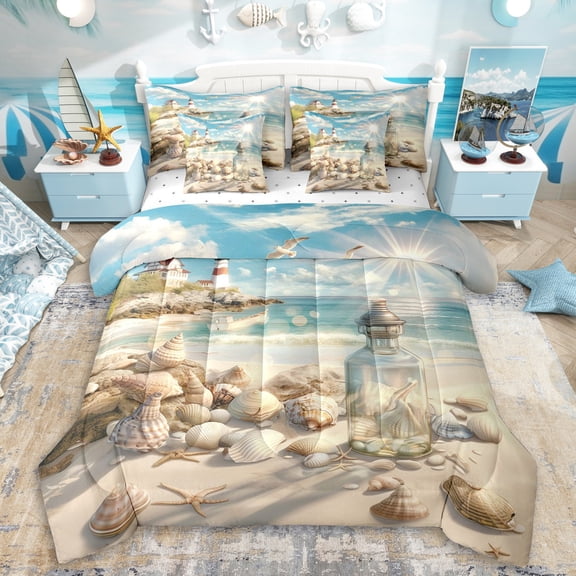 Erosebridal Teens Ocean Beach Lighthouse Twin Bedding Sets 7-Piece,Sea Starfish Shell Bedding Comforter Set For Boys Girls,Super Cozy Room Decor