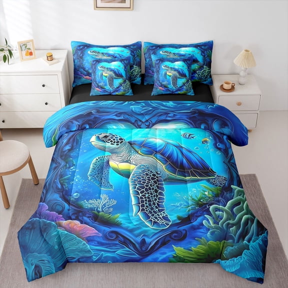 Erosebridal Teens Ocean Turtle Bedding Comforter Set 7pcs,Girls Boys Blue Marine Animal Queen Bedding Sets,Black Reversible