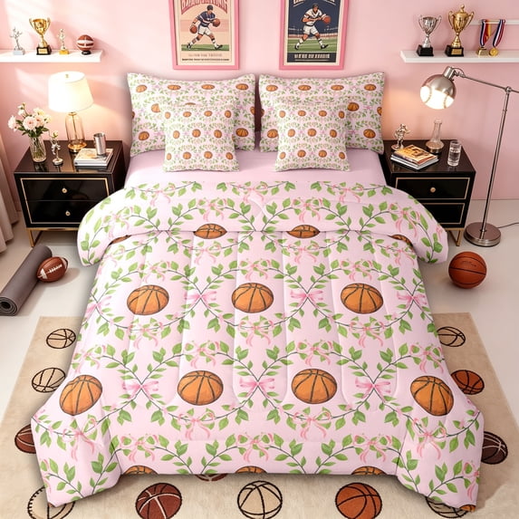 Erosebridal Teens Orange Basketball Twin Bedding Sets 7-Piece,Kawaii Ribbon Bowknot Bedding Comforter Set for Kids Boys Girls,Pink Reversible,Breathable Home Decor