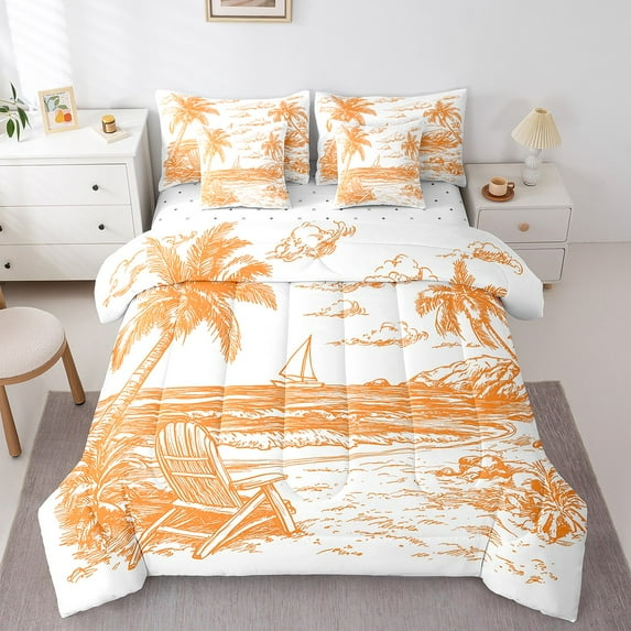 Erosebridal Teens Palm Tree Leaves Bed in a Bag King size,Ocean Beach Boat Bedding Sets King Size,Sea Room Deorative,Reversible,Ultra Soft,7 Pieces