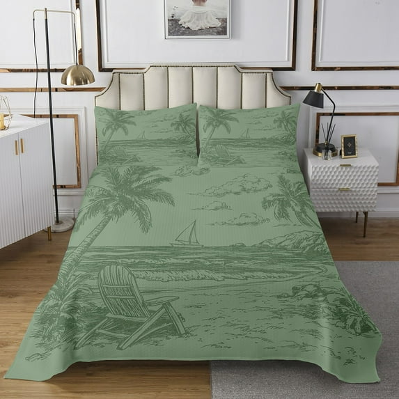 Erosebridal Teens Palm Tree Leaves Bedspread Sets Twin Size,Ocean Beach Boat Bed Quilt,Sea Room Deorative,Breathable,2pcs