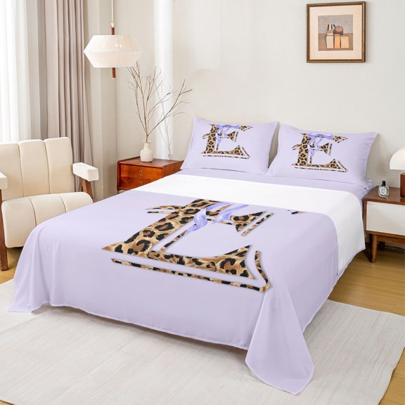 Erosebridal Teens Personalized Initial E Bed Sheets 4pcs,Girls Purple Bow Cheetah Print King Sheets,Microfiber Bedroom Decor