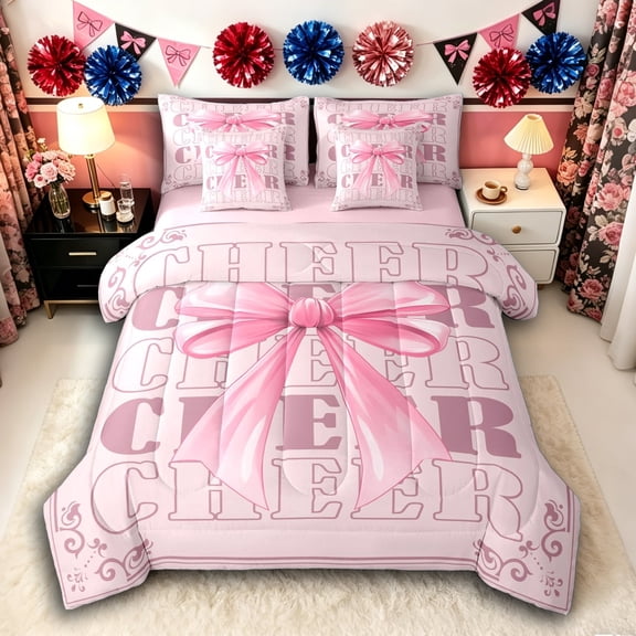 Erosebridal Teens Pink Bow Knot Twin Bedding Sets 7-Piece,Girly Dreamy Dance Bedding Comforter Set,Pink Reversible,Ultra Soft Home Decor