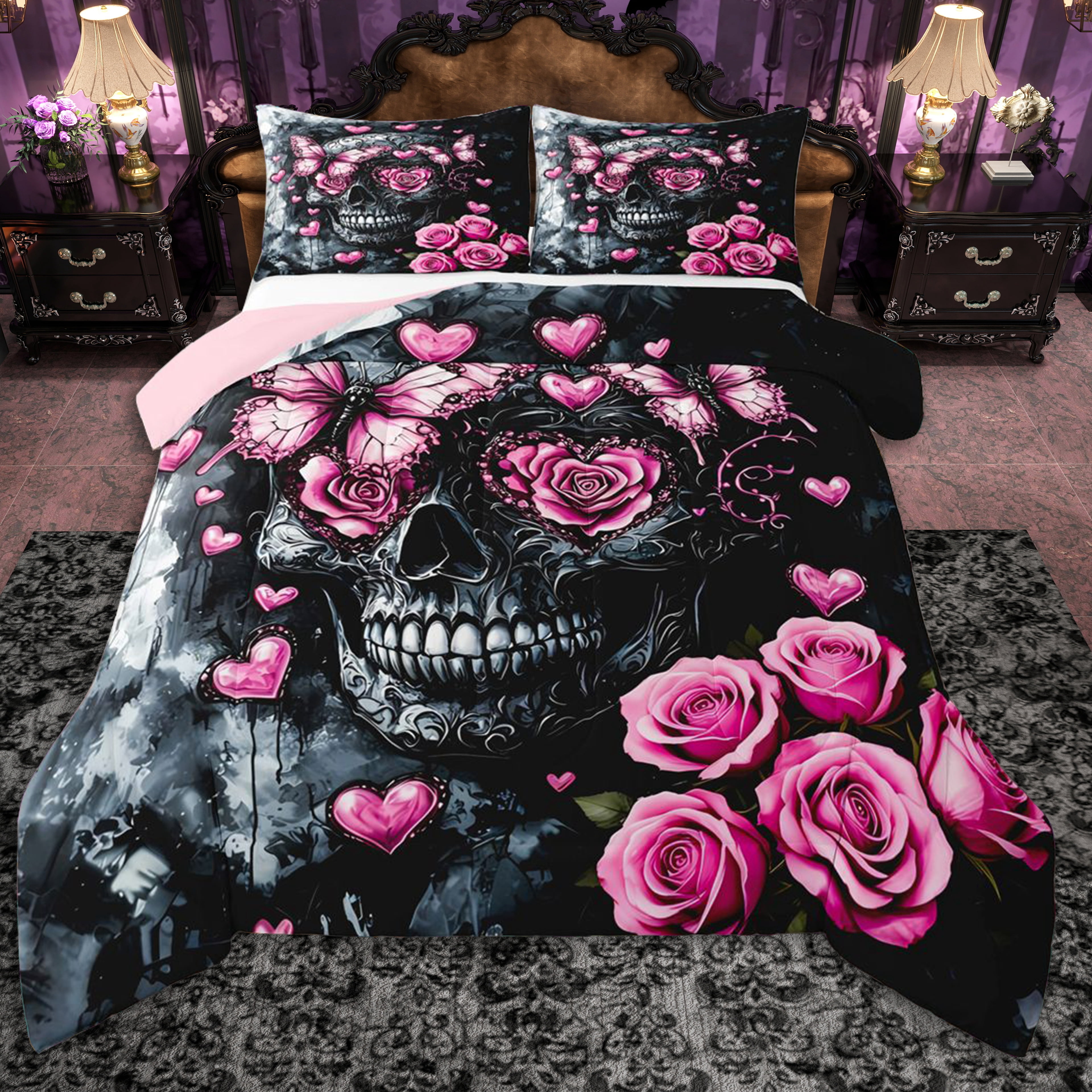 Erosebridal Teens Pink Rose Sugar Skull Queen Comforter Set 3pcs,Gothic Flowers Butterflies Bedding Comforter Set for Boys Girls,Pink Reversible,Super Cozy Room Decor