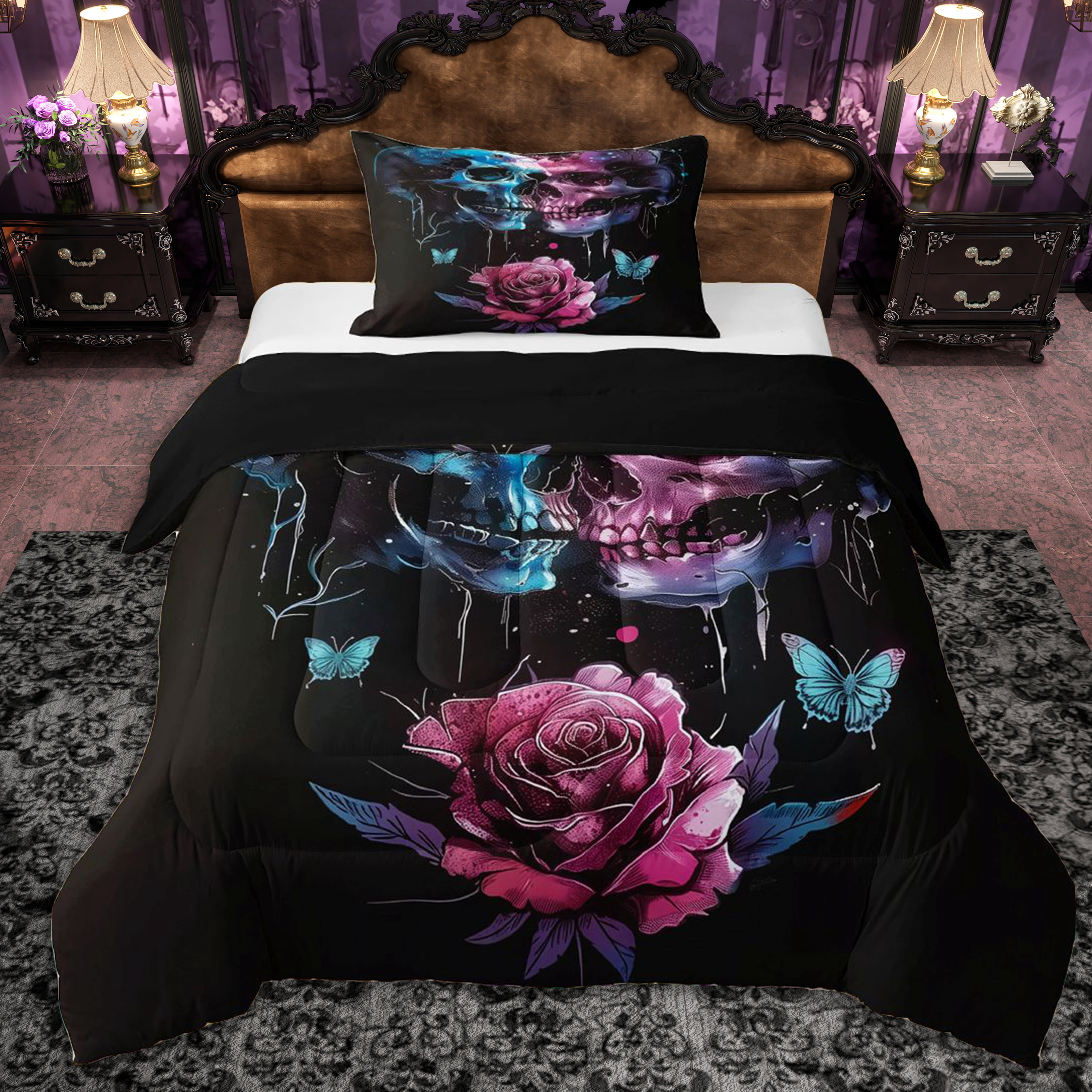 Erosebridal Teens Pink Rose Sugar Skull Twin Comforter Sets 3-Piece,Gothic Flowers Butterflies Bedding Set for Boys Girls,Black Reversible,Breathable Home Decor