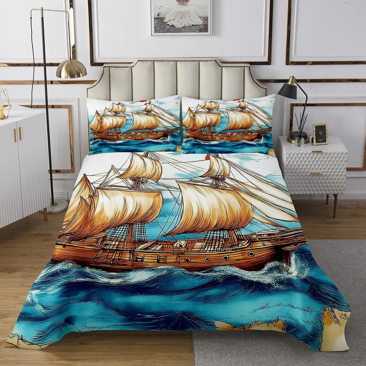 Erosebridal Teens Pirate Ship Bedspread Sets Twin Size, Marine Sailboat ...