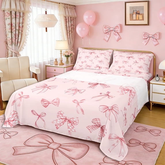 Erosebridal Teens Polka Dots Bow Full Size Sheets 4-Piece,Girls Kawaii Plaid Bowtie Bed Sheets,Super Cozy Room Decor