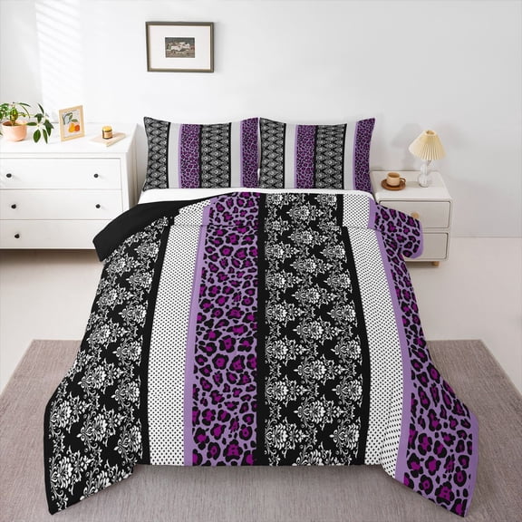 Erosebridal Teens Polka Dots Cheetah Print Full Size Comforter Sets 3 Pieces,Bohemian Damask Bedding Sets For Boys Girls,Black Purple,Black Reversible