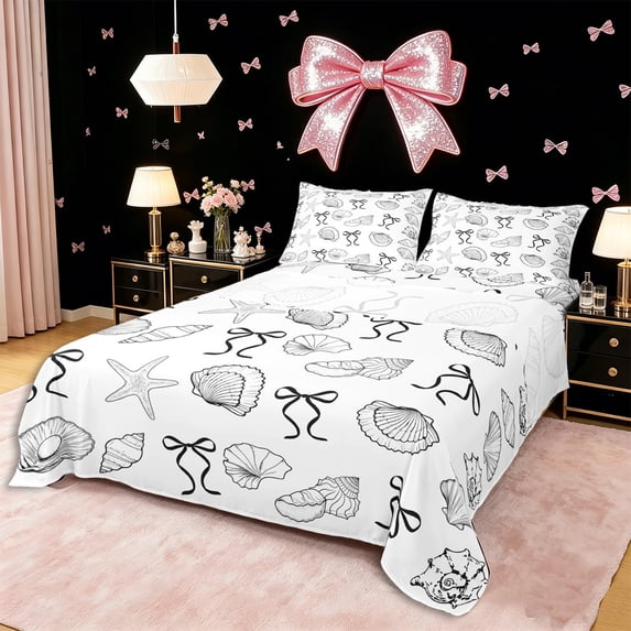Erosebridal Teens Princess Ribbon Bowtie Bed Sheets 4pcs,Girls Sea Starfish Seashell King Sheets,Microfiber Bedroom Decor