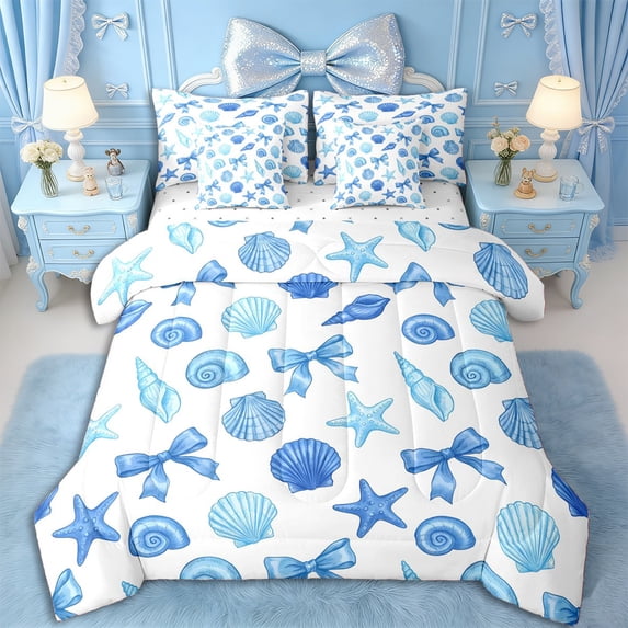 Erosebridal Teens Princess Ribbon Bowtie Bedding Comforter Set 7 Pieces,Girls Blue Sea Starfish Seashell Full Bedding Set,Ultra Soft Home Decor