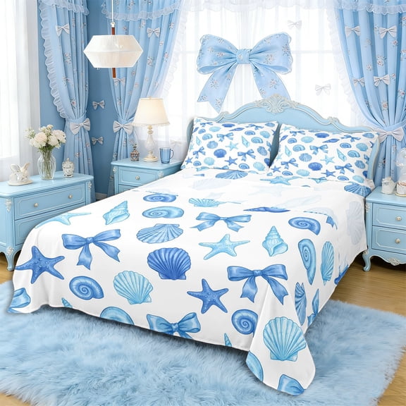 Erosebridal Teens Princess Ribbon Bowtie Full Size Sheets 4-Piece,Girls Blue Sea Starfish Seashell Bed Sheets,Ultra Soft Home Decor