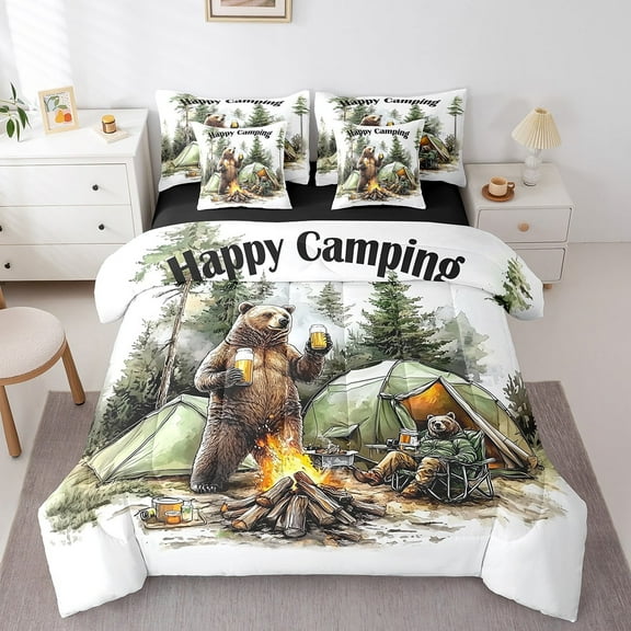 Erosebridal Wildlife Bear Bedding Sets King Size,Happy Camping Bed in a Bag King size,Lightweight Reversible Bedding King Size,Animal Decoration,7 Pieces