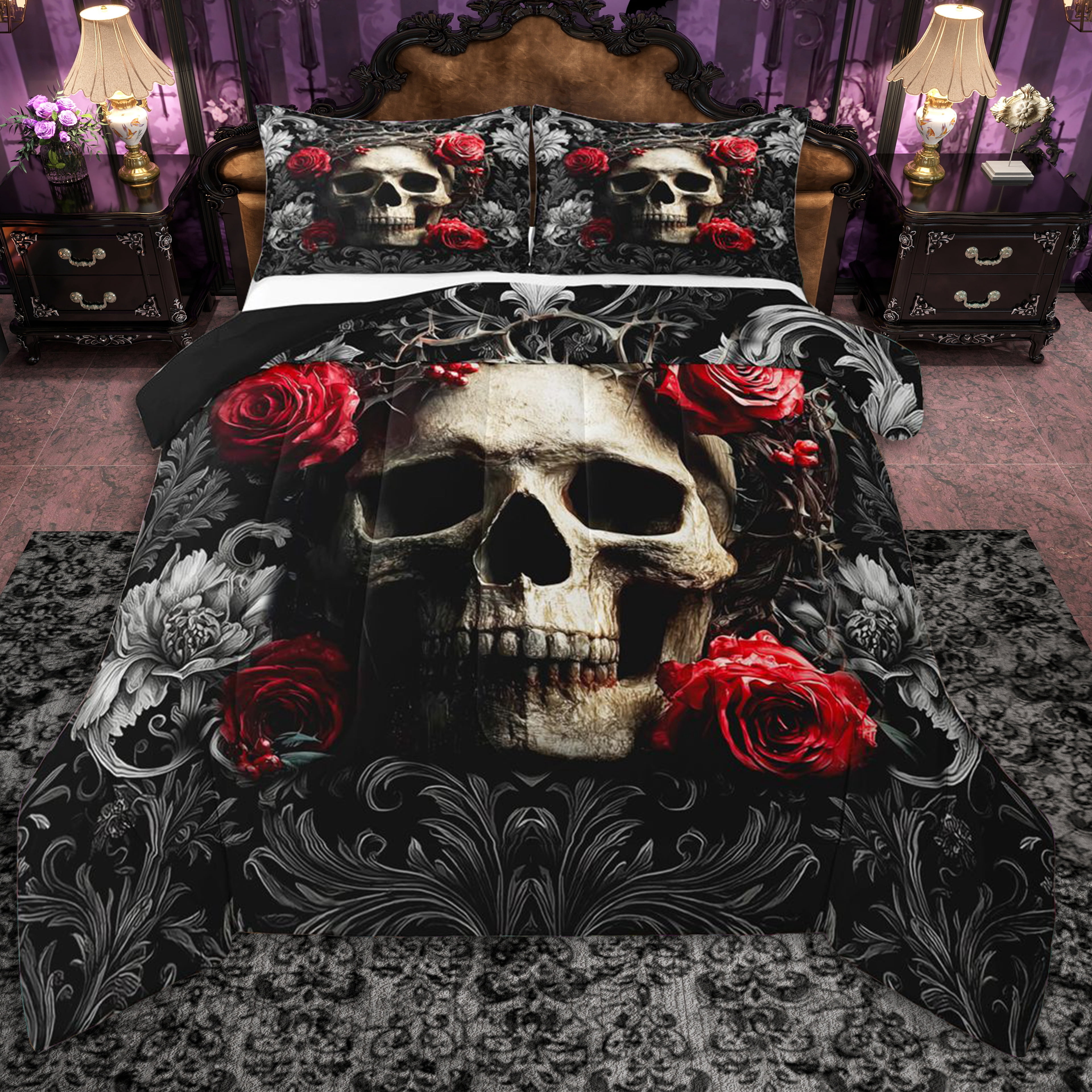 Erosebridal Teens Red Rose Sugar Skull Full Size Comforter Sets 3 Pieces,Gothic Style Flowers Bedding Sets for Boys Girls,Black Reversible,Luxury Bedroom Decor
