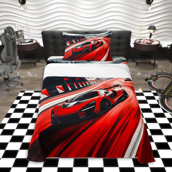 Erosebridal Teens Red Sport Car Twin Sheet Sets 3pcs,Kids Boys Rally Race Fast Car Bedding,Lightweight Room Decor