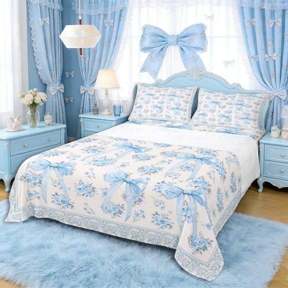 Erosebridal Teens Romantic Roses Bowtie Bed Sheets 4pcs,Girls Blue Floral Bow Knot King Sheets,Luxury Bedroom Decor