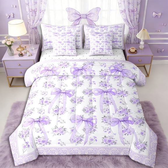 Erosebridal Teens Romantic Roses Bowtie Bedding Comforter Set 7 Pieces,Girls Purple Floral Bow Knot Full Bedding Set,Microfiber Bedroom Decor