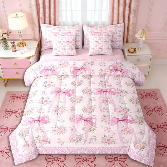 Erosebridal Teens Romantic Roses Bowtie Bedding Comforter Set 7pcs,Girls Boho Floral Bow Knot Queen Bedding Sets,Pink Reversible,Microfiber Bedroom Decor