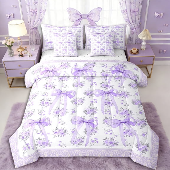Erosebridal Teens Romantic Roses Bowtie Twin Bedding Sets 7-Piece,Girls Purple Floral Bow Knot Bedding Comforter Set,Microfiber Bedroom Decor
