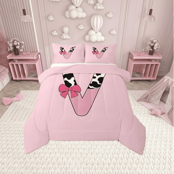 Erosebridal Letter Initial V Bedding Twin Comforter Set,Kawaii Bow Down Comforter,Super Cozy Reversible Bedding Sets Twin with Comforter,Cow Print Decor,3pcs