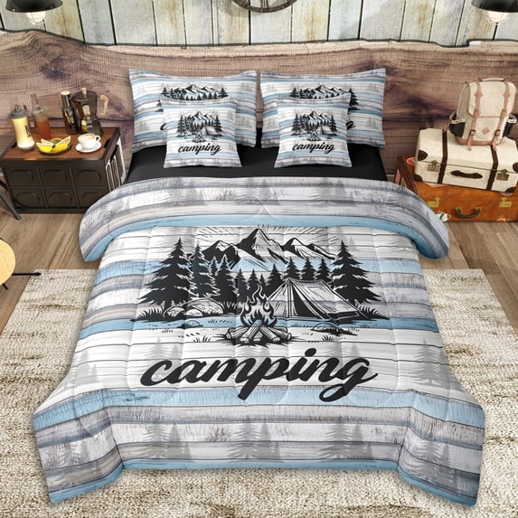 Erosebridal Teens Rustic RV Car Bedding Comforter Set 7-Piece,Boys Girls Happy Camping King Bedding Sets,Black Reversible,Super Cozy Room Decor