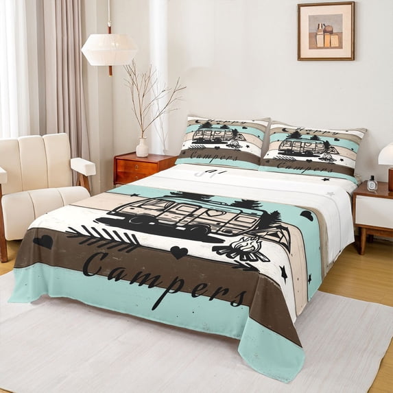 Erosebridal Teens Rustic RV Car Queen Sheet Sets 4 Pieces,Boys Girls Happy Camping Bed Set,Luxury Bedroom Decor