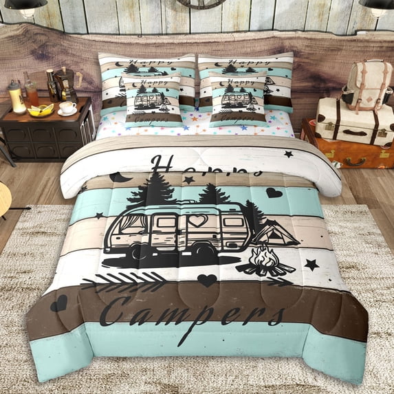 Erosebridal Teens Rustic RV Car Twin Bedding Sets 7-Piece,Boys Girls Happy Camping Bedding Comforter Set,Luxury Bedroom Decor