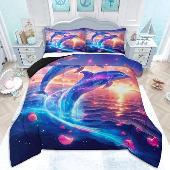 Erosebridal Teens Sea Dolphins Queen Comforter Set 3pcs,Boys Girls Romantic Rose Ocean Sunset Bedding Comforter Set,Black Reversible,Microfiber Bedroom Decor