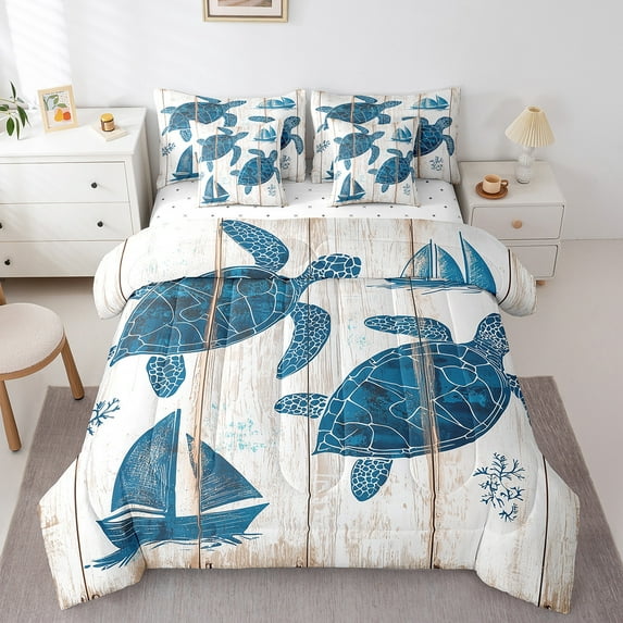 Erosebridal Teens Sea Turtle Bedding Sets Twin Size, Retro Sailboat Comforter Sets with Sheets, Marine Bedroom Decor, 7-Piece