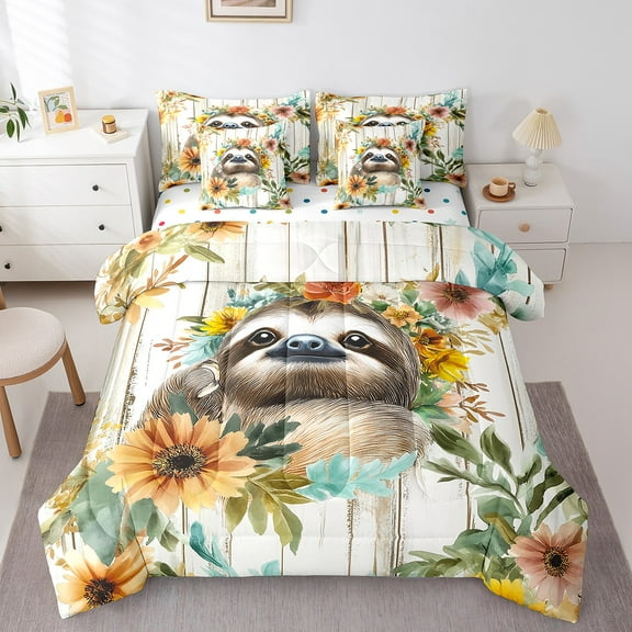 Erosebridal Teens Sloth Bedding Twin Comforter Set, Lodge Cabin Down Comforter, Colorful Floral Decor, Reversible 7 Pieces