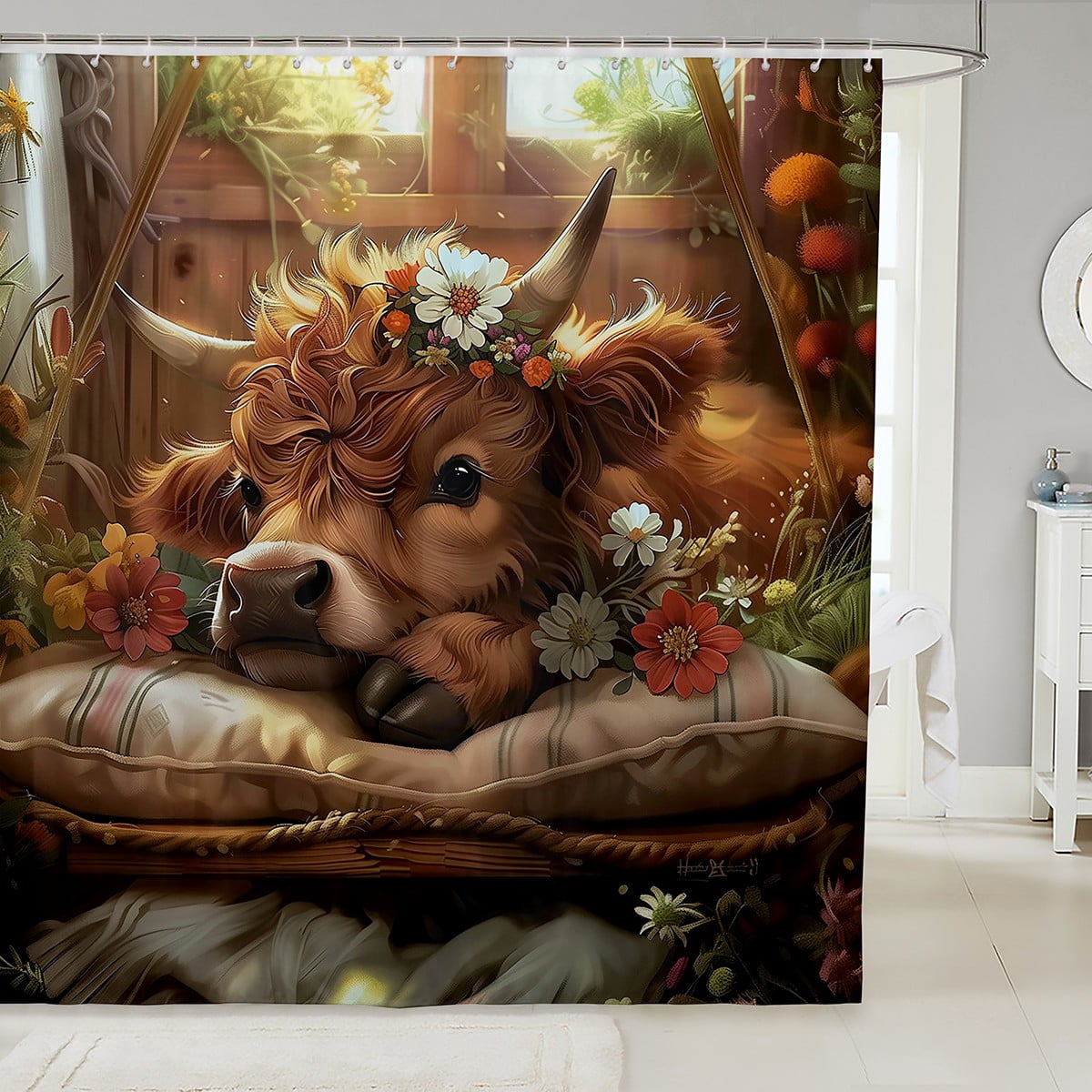 Western Cow & Sunflower Shower Curtain Set, 72x84 Inch, Waterproof Fabric Bathroom Decor For Kids Farm Theme