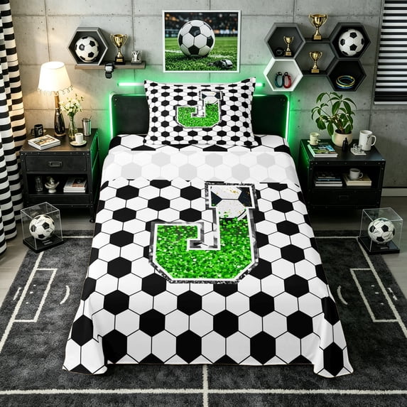 Erosebridal Teens Soccer Letter J Monogrammed Twin Sheet Sets 3pcs,Girls Boys Sport Football Honeycomb Bedding,Luxury Bedroom Decor