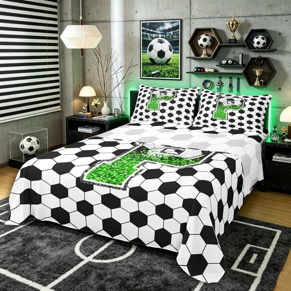 Erosebridal Teens Soccer Letter P Monogrammed Bed Sheets 4pcs,Girls Boys Sport Football Honeycomb King Sheets,Breathable Home Decor