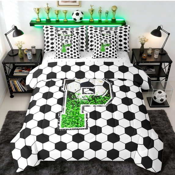 Erosebridal Teens Soccer Letter P Monogrammed Bedding Comforter Set 7-Piece,Girls Boys Sport Football Honeycomb King Bedding Sets,Breathable Home Decor