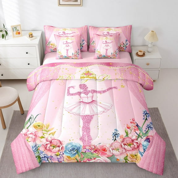 Erosebridal Floral Ballet Bedding Sets King Size,Bling Glitter Bed in a Bag King size,Super Cozy Reversible Bedding King Size,Dance Theme Decor,7 Pieces
