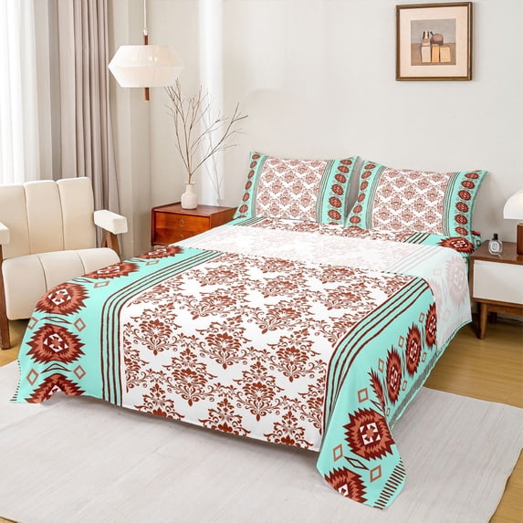 Erosebridal Teens Southwestern Style Aztec Full Size Sheets 4-Piece,Bohemian Damask Traditional Floral Bed Sheets For Adults Boys Girls,Orange Teal