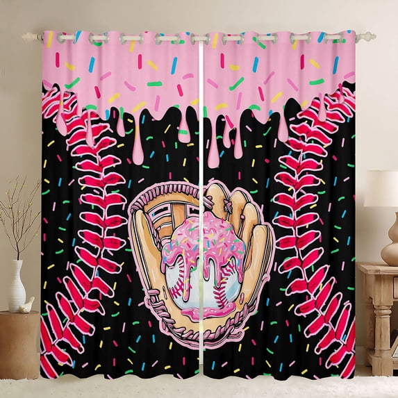 Erosebridal Teens Sport Baseball Curtains Pack of 2 (42x84 Each),Ice Cream Drip Dessert Curtains Blackout For Boys Girls,Black Pink