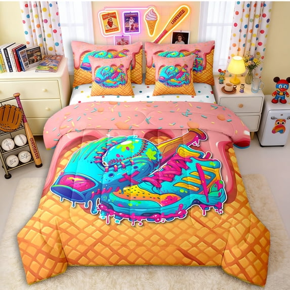 Erosebridal Teens Sport Baseball Lover Bedding Comforter Set 7pcs,Pink Ice Cream Drip Waffle Queen Bedding Sets for Boys Girls,Breathable Home Decor