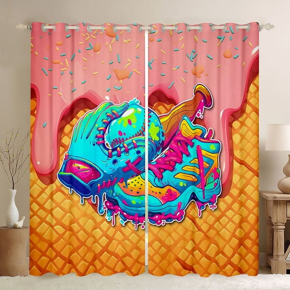 Erosebridal Teens Sport Baseball Lover Black Out Curtains,Pink Ice Cream Drip Waffle Curtains Pack of 2 (42x63 Each) for Boys Girls,Breathable Home Decor