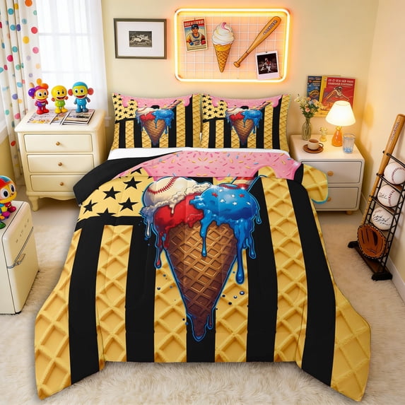 Erosebridal Teens Sport Baseball Lover Full Size Comforter Sets 3 Pieces,USA Flag Ice Cream Drip Waffle Bedding Sets for Boys Girls,Black Reversible,Ultra Soft Home Decor