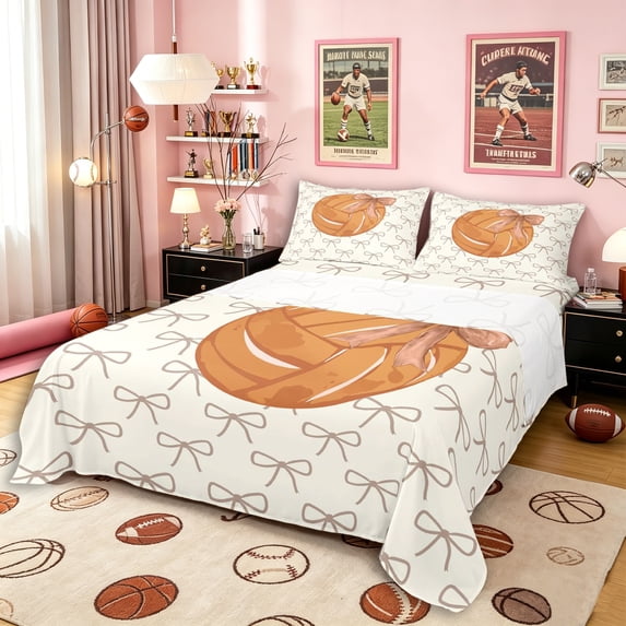 Erosebridal Teens Sport Basketball Queen Sheet Sets 4 Pieces,Kawaii Ribbon Bow Bed Set for Boys Girls,Super Cozy Room Decor