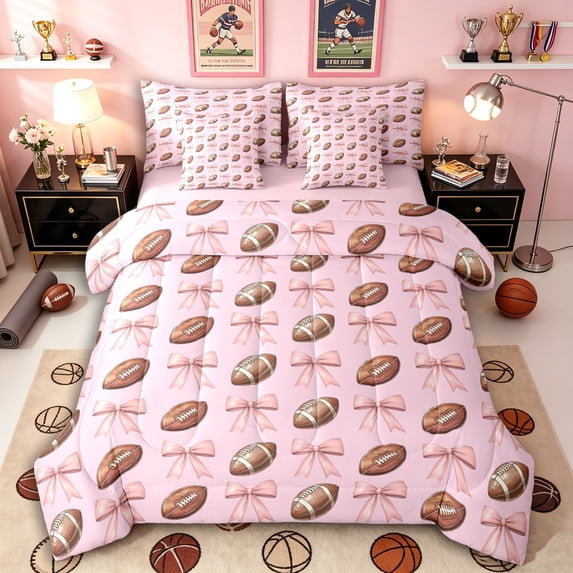 Erosebridal Teens Sport Football Bedding Comforter Set 7pcs,Kawaii Ribbon Bow Queen Bedding Sets for Boys Girls,Pink Reversible,Lightweight Room Decor