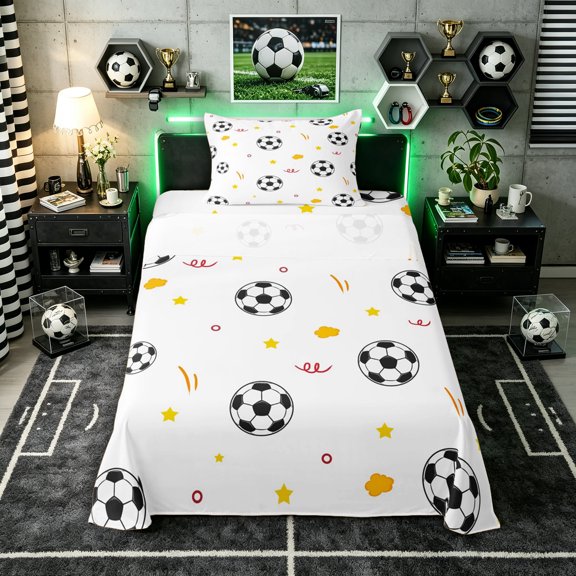 Erosebridal Teens Sport Soccer Twin Sheet Sets 3pcs,Black White Football Bedding for Kids Boys Girls,Luxury Bedroom Decor